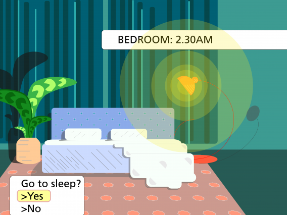 You're playing a video-game. You're in a bedroom. It's 2:30 am. Go to sleep? You must chose Yes or No.